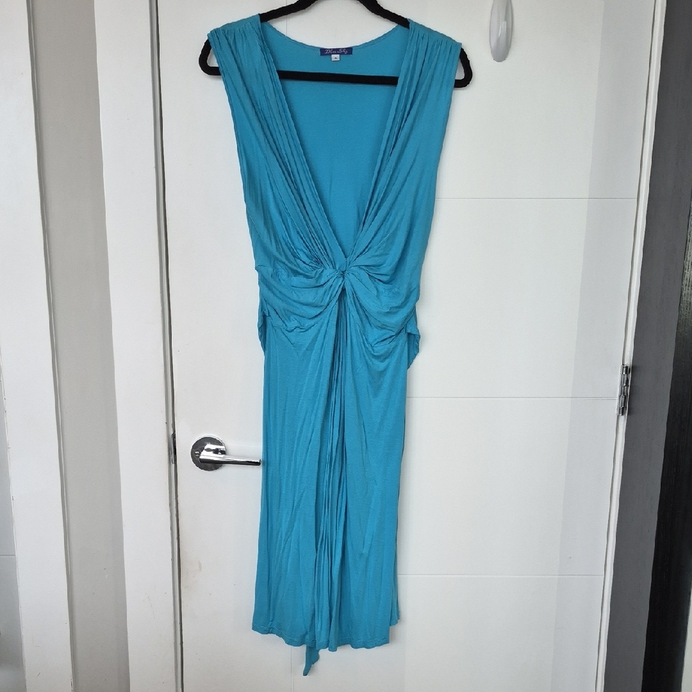 Blue Sky Turquoise Knot-Front Midi Dress